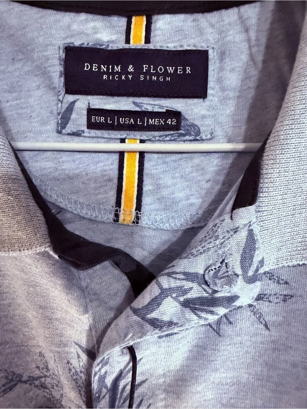 Denim & Flower Light Blue Polo with Navy Leaf Print